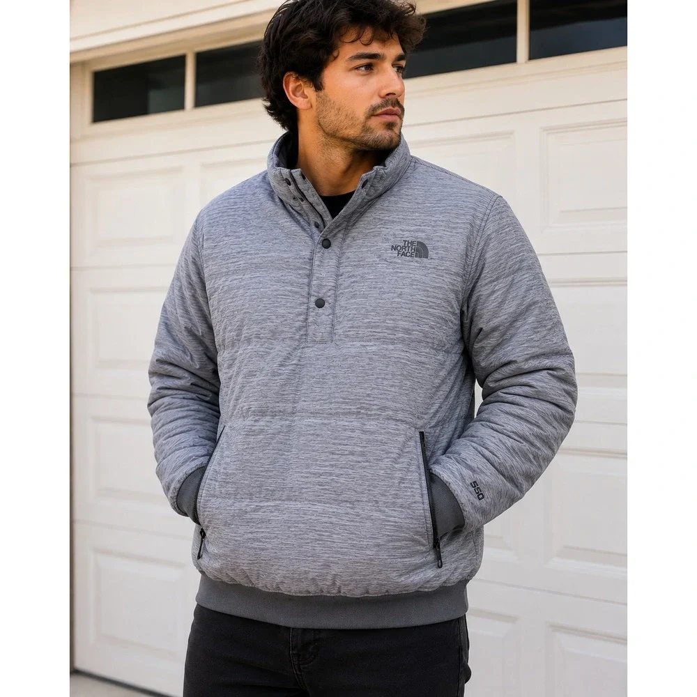 The North Face Mens Gray 550 Down Snap Neck Pullover Puffer Jacket Large
